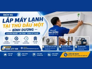 Banner quảng cáo dịch vụ lắp máy lạnh tại Thủ Dầu Một Bình Dương của Điện Lạnh Phạm Trường. Thi công đúng kỹ thuật, hỗ trợ nhanh, vật tư chính hãng, bảo hành uy tín.